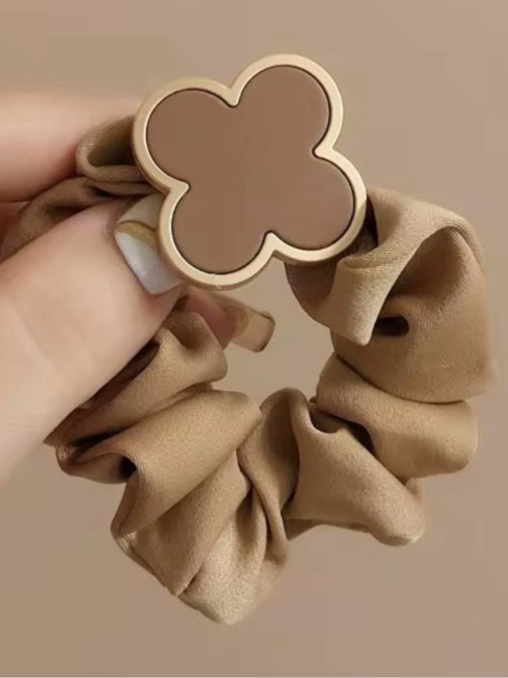 Macy's Beige Floral Clip Scrunchie - Neutral Flower Accent